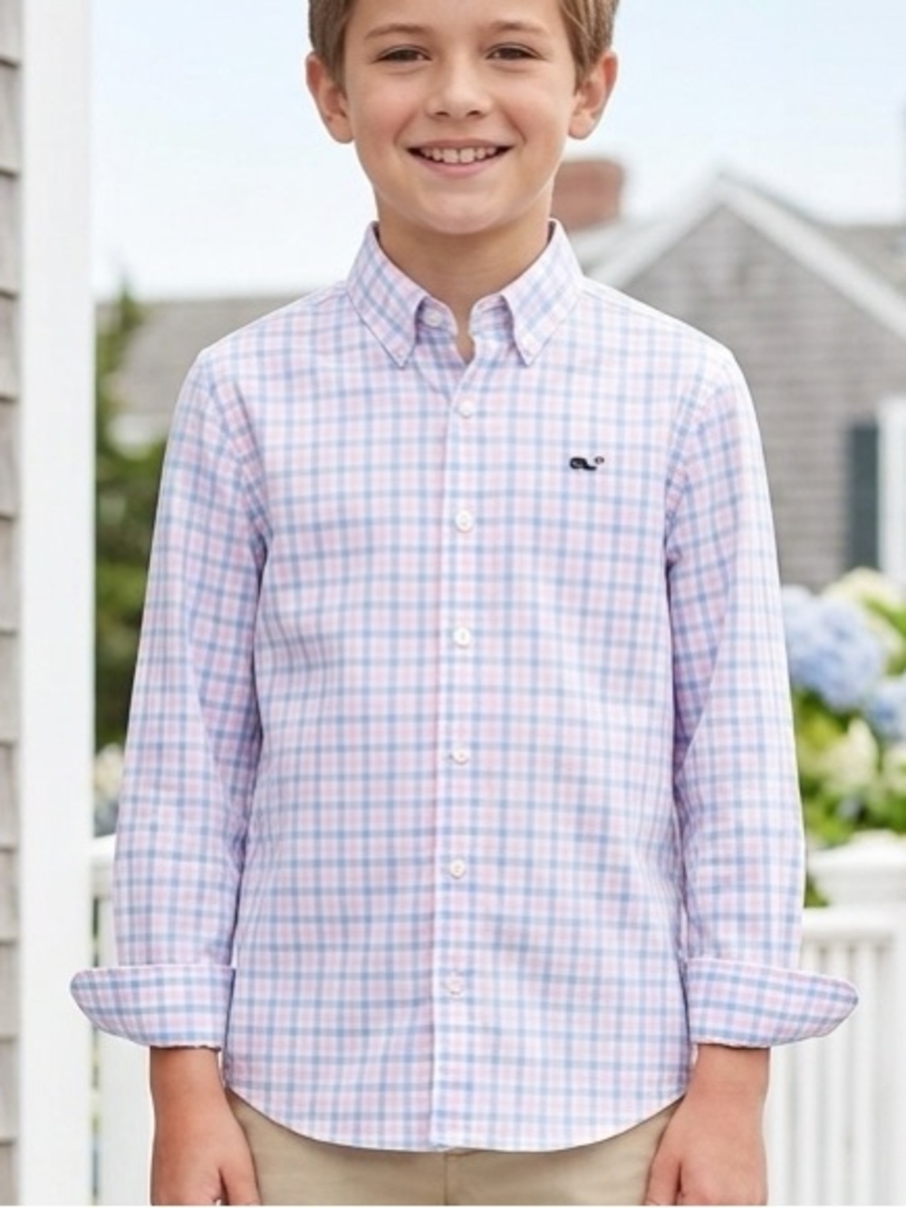 Boys Vineyard Vines Pink & Light Blue Plaid Button-Down Shirt size medium 12-14